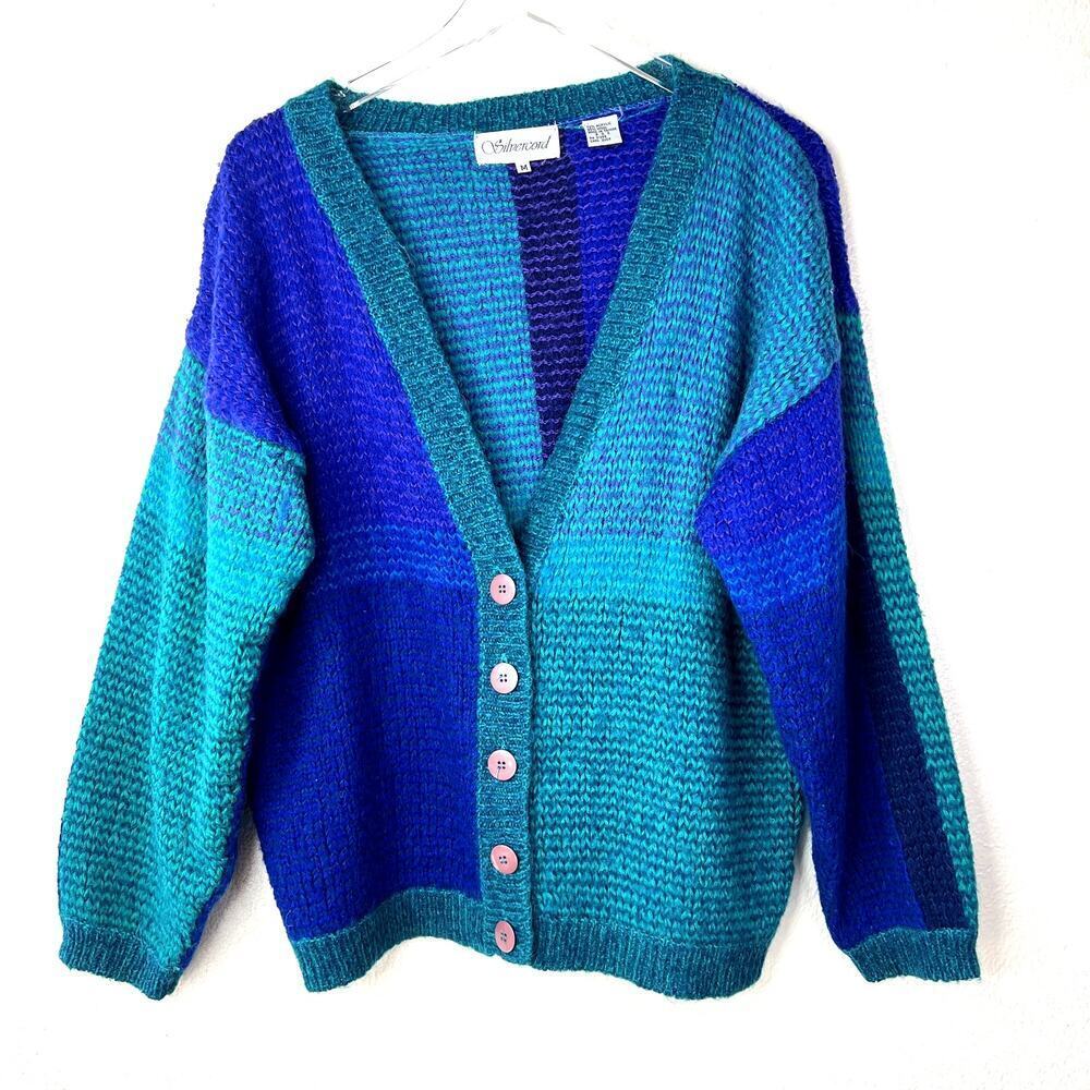 Vintage Silvercord Wool Blend Cardigan Sweater Color Block MEDIUM Button Blue